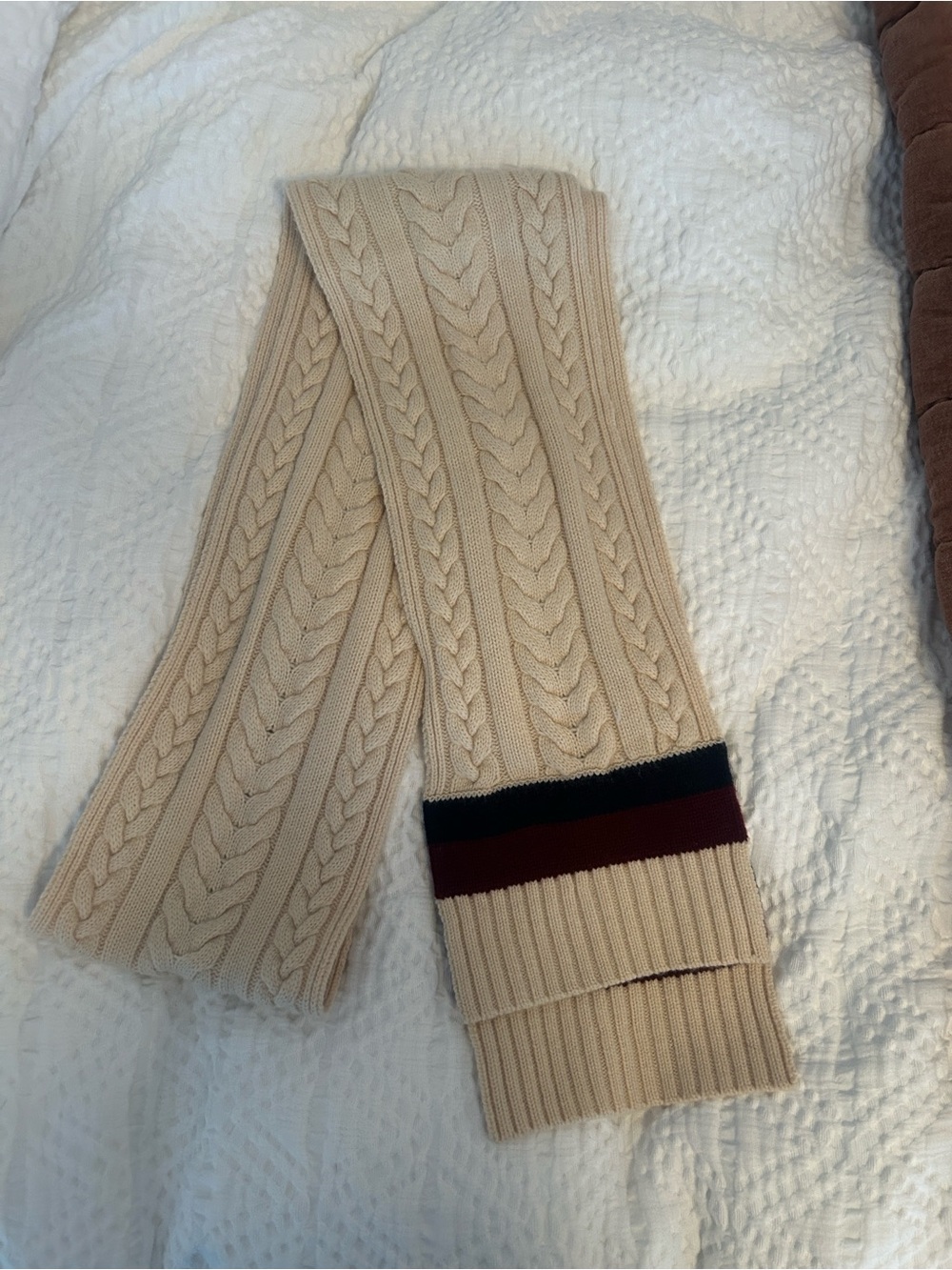 Ralph Lauren Rugby Vintage Cream Cable Knit Wool Scarf with Stripes